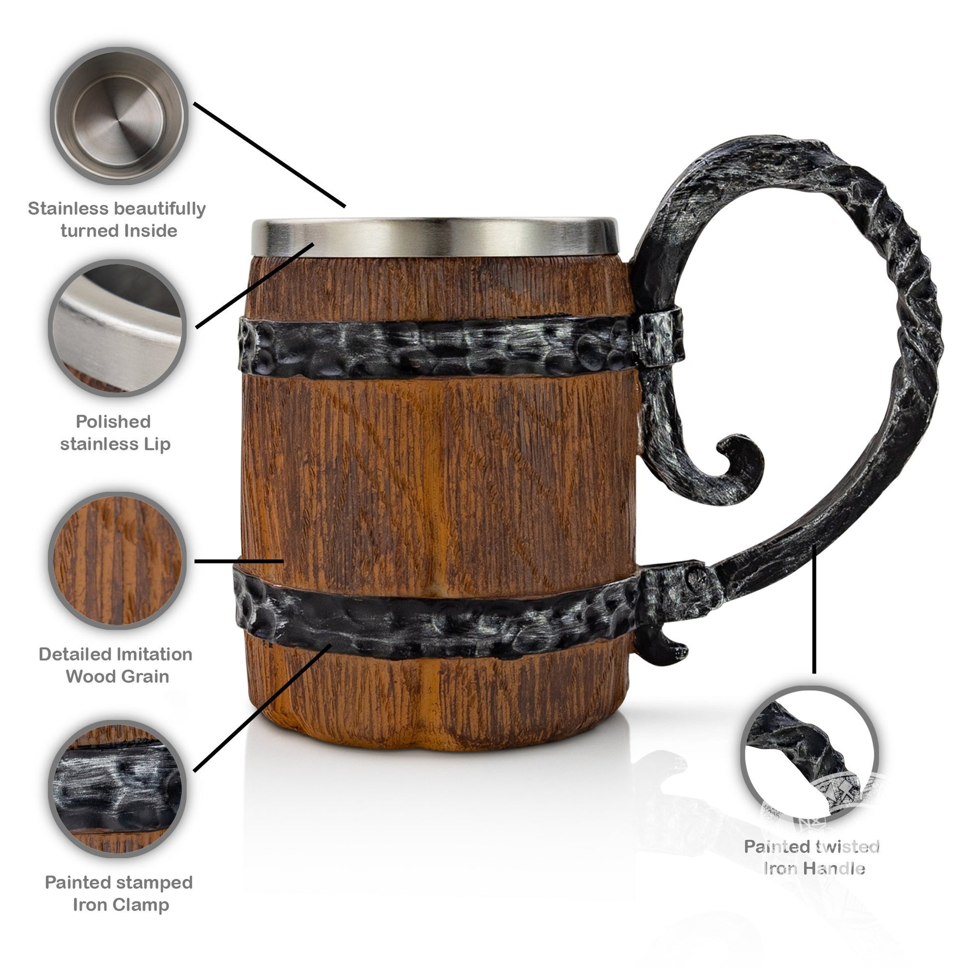 Rustic Wooden Barrel Resin Mug Large Handle Stainless Steel Insert - VikingsBrand