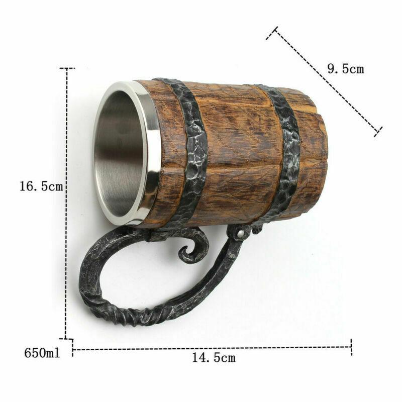 Rustic Wooden Barrel Resin Mug Large Handle Stainless Steel Insert - VikingsBrand