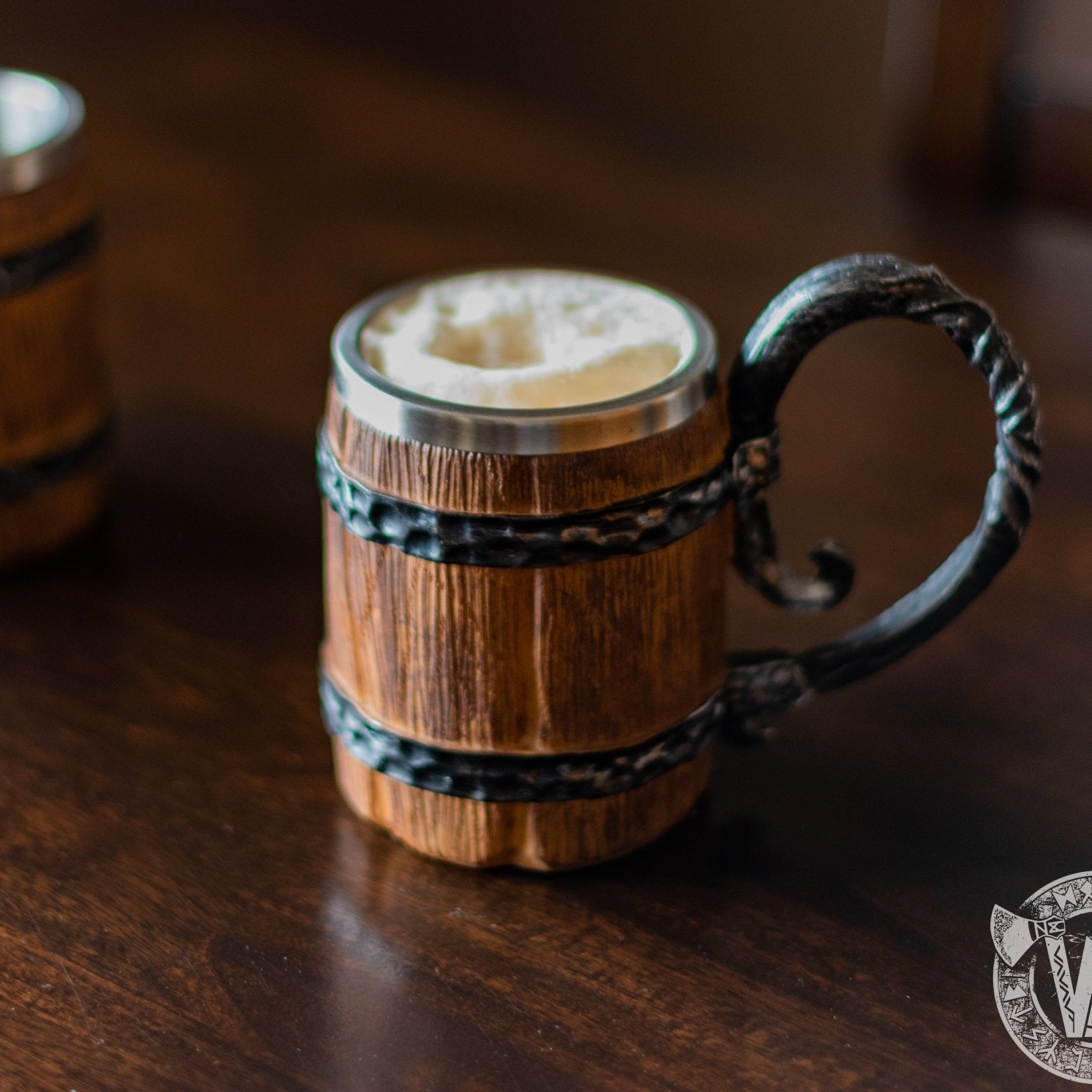 Rustic Wooden Barrel Resin Mug Large Handle Stainless Steel Insert - VikingsBrand