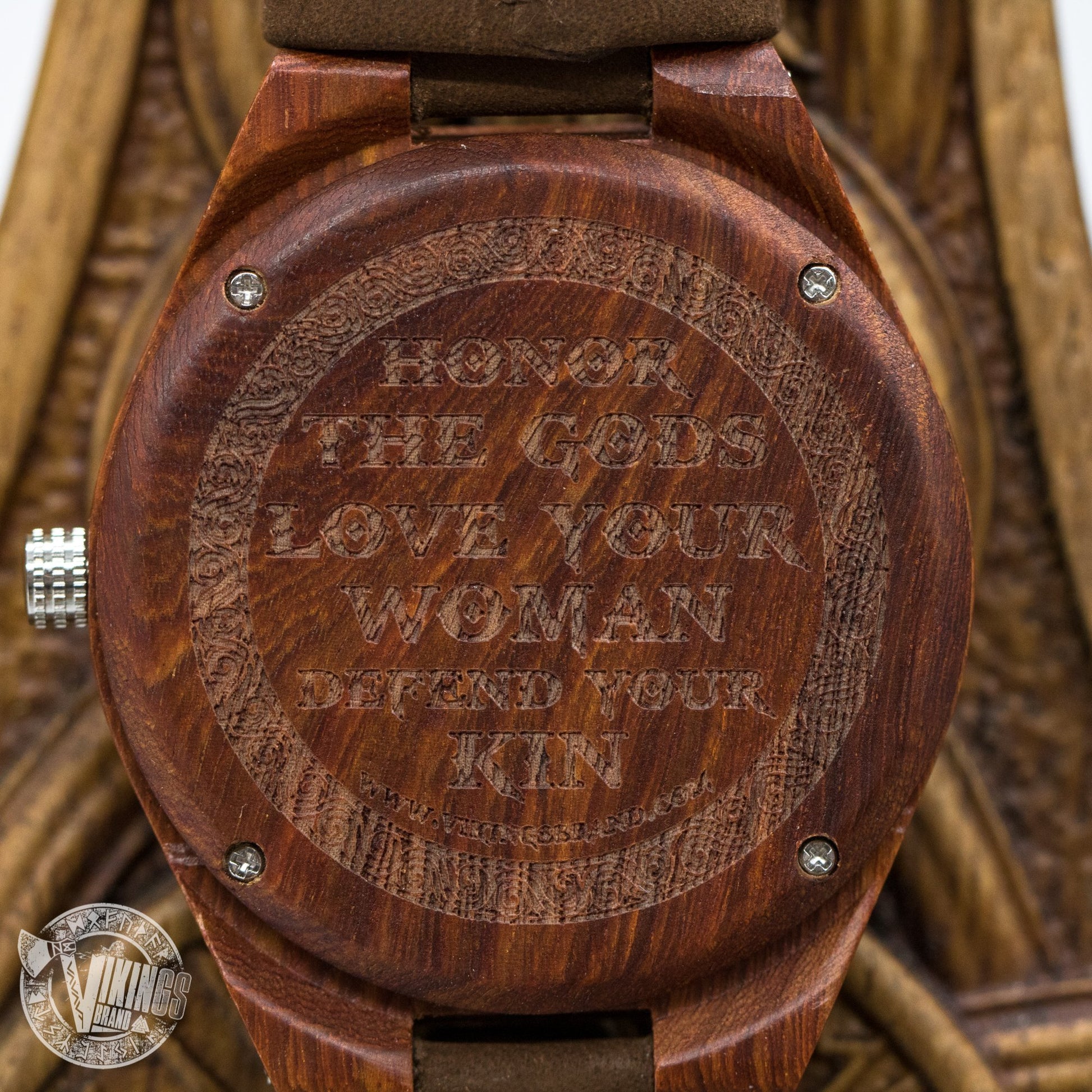 SALE! Inge Viking Wooden Runic Circle Watch with Helm of Awe Viking Symbol & Engraved Saying on the Back - VikingsBrand