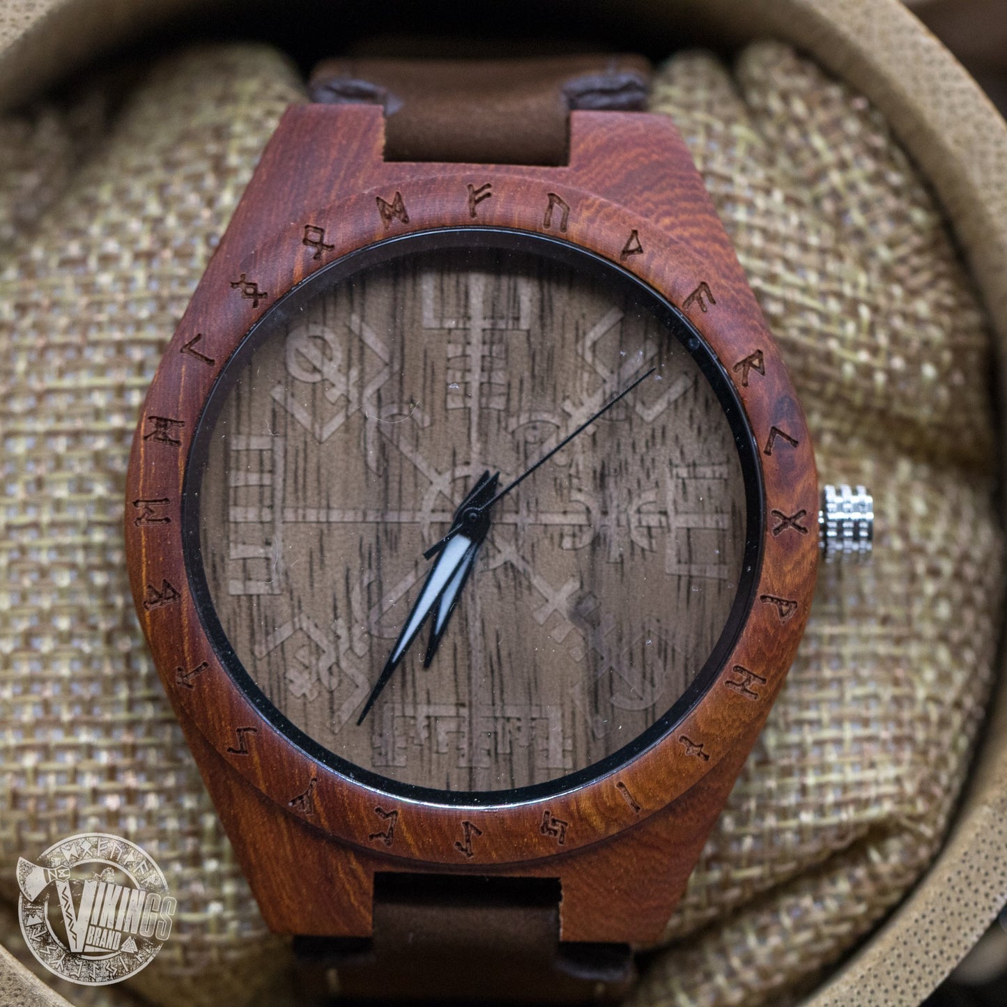 SALE! Inge Viking Wooden Runic Circle Watch with Helm of Awe Viking Symbol & Engraved Saying on the Back - VikingsBrand