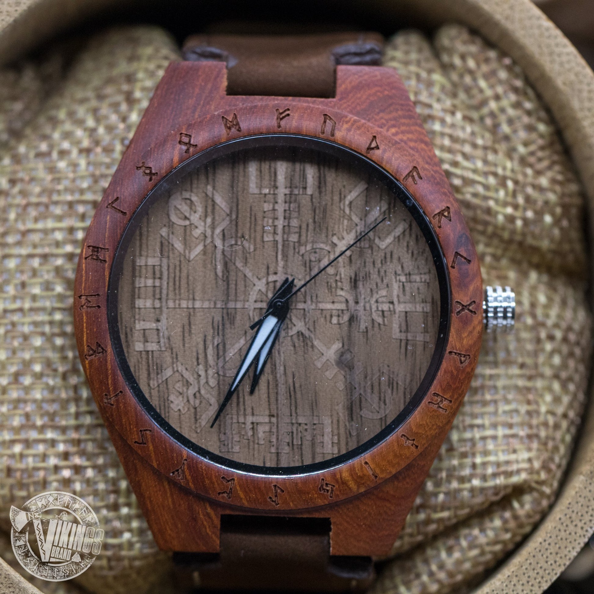 SALE! Inge Viking Wooden Runic Circle Watch with Helm of Awe Viking Symbol & Engraved Saying on the Back - VikingsBrand