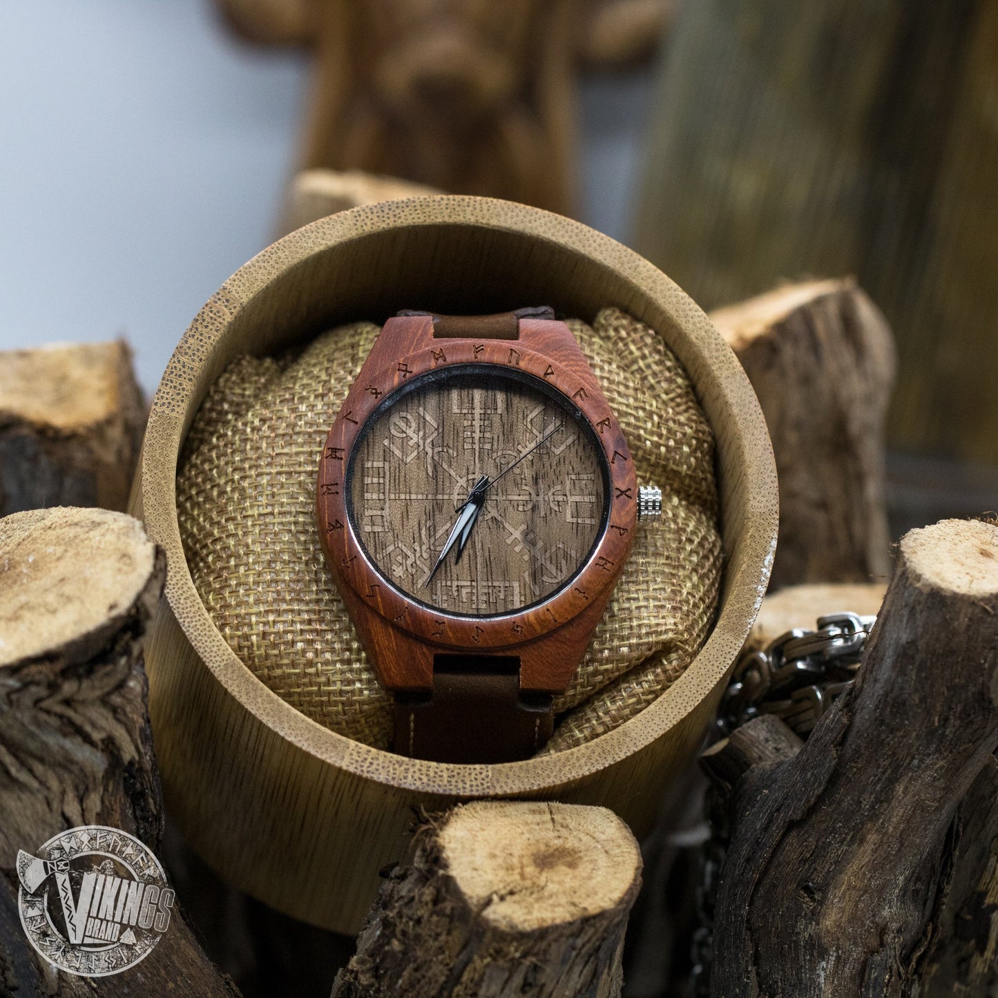SALE! Inge Viking Wooden Runic Circle Watch with Helm of Awe Viking Symbol & Engraved Saying on the Back - VikingsBrand
