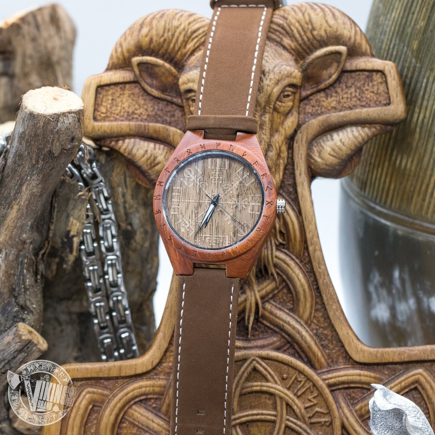 SALE! Inge Viking Wooden Runic Circle Watch with Helm of Awe Viking Symbol & Engraved Saying on the Back - VikingsBrand