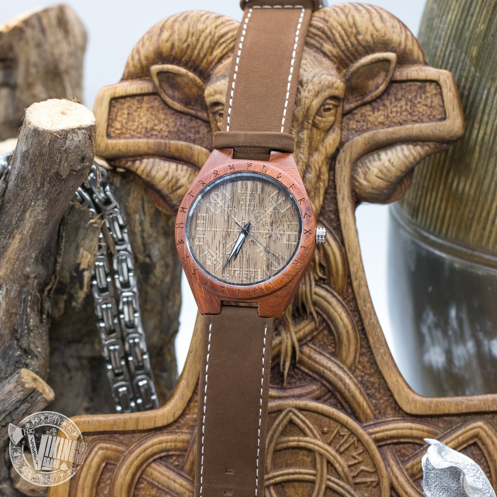 SALE! Inge Viking Wooden Runic Circle Watch with Helm of Awe Viking Symbol & Engraved Saying on the Back - VikingsBrand