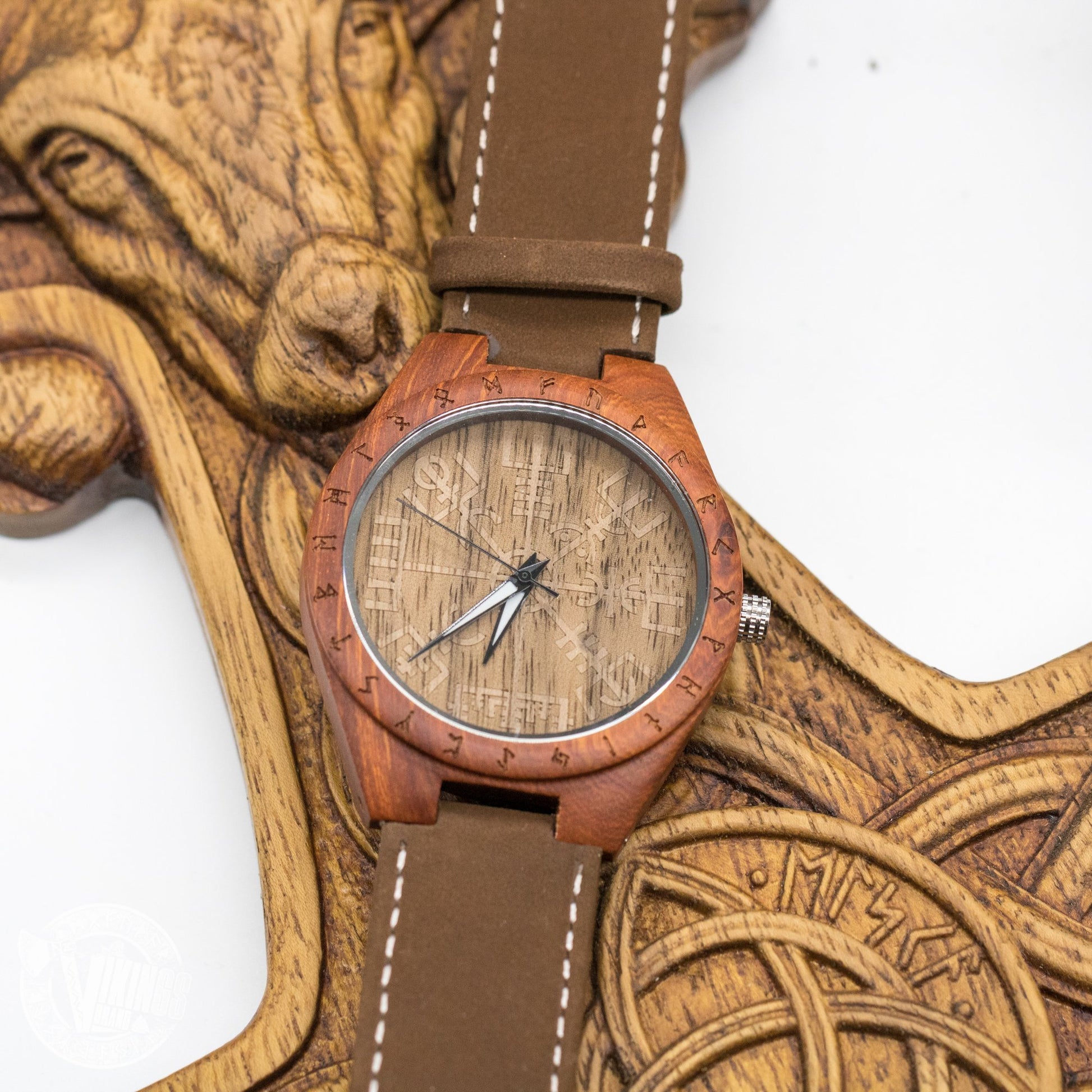 SALE! Inge Viking Wooden Runic Circle Watch with Helm of Awe Viking Symbol & Engraved Saying on the Back - VikingsBrand