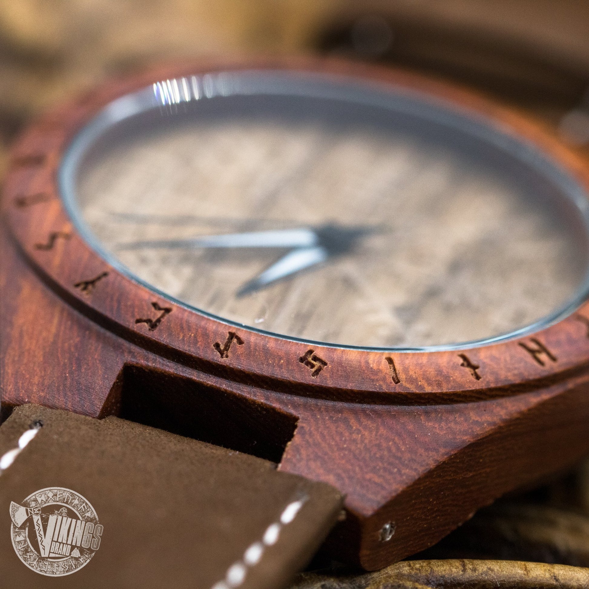 SALE! Inge Viking Wooden Runic Circle Watch with Helm of Awe Viking Symbol & Engraved Saying on the Back - VikingsBrand