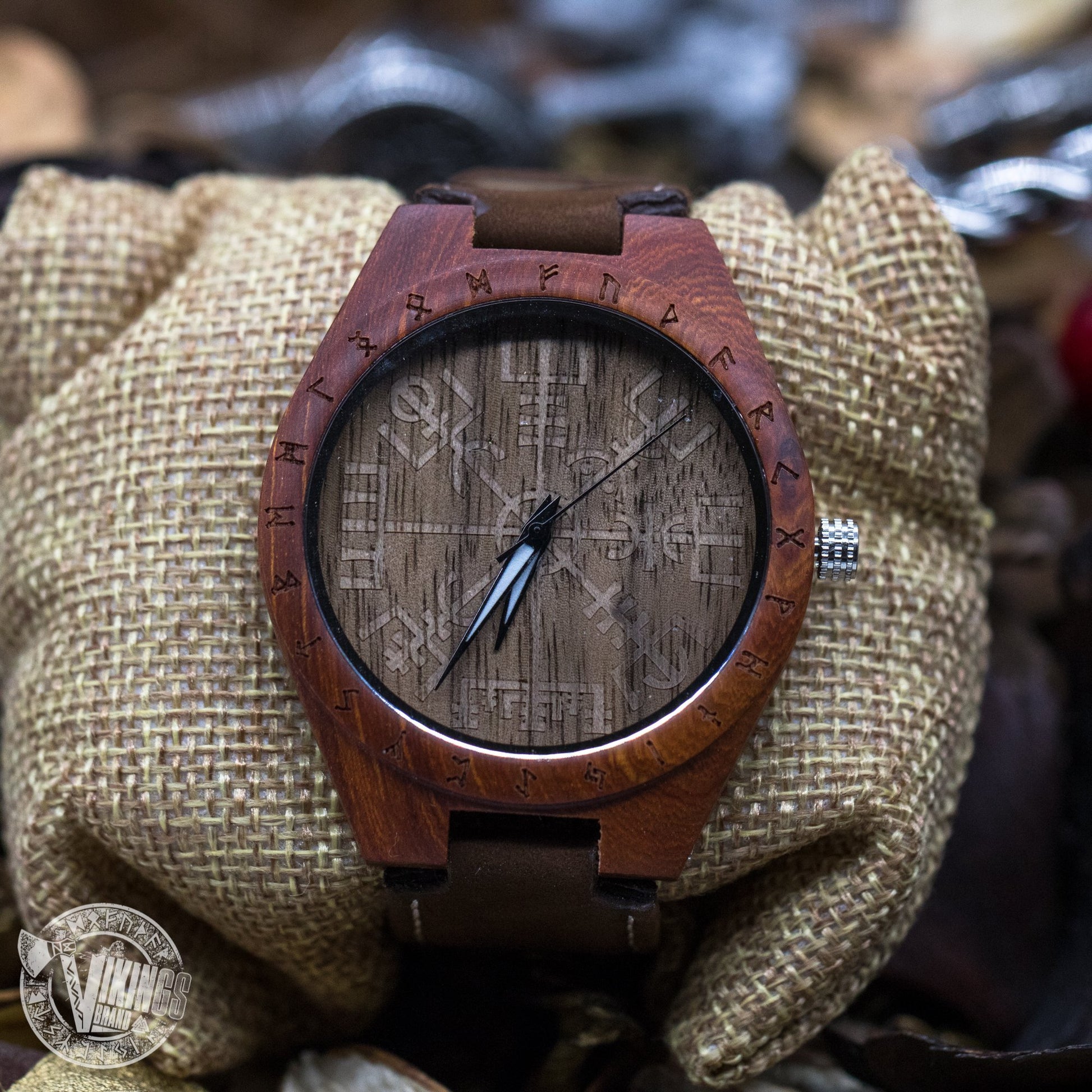 SALE! Inge Viking Wooden Runic Circle Watch with Helm of Awe Viking Symbol & Engraved Saying on the Back - VikingsBrand