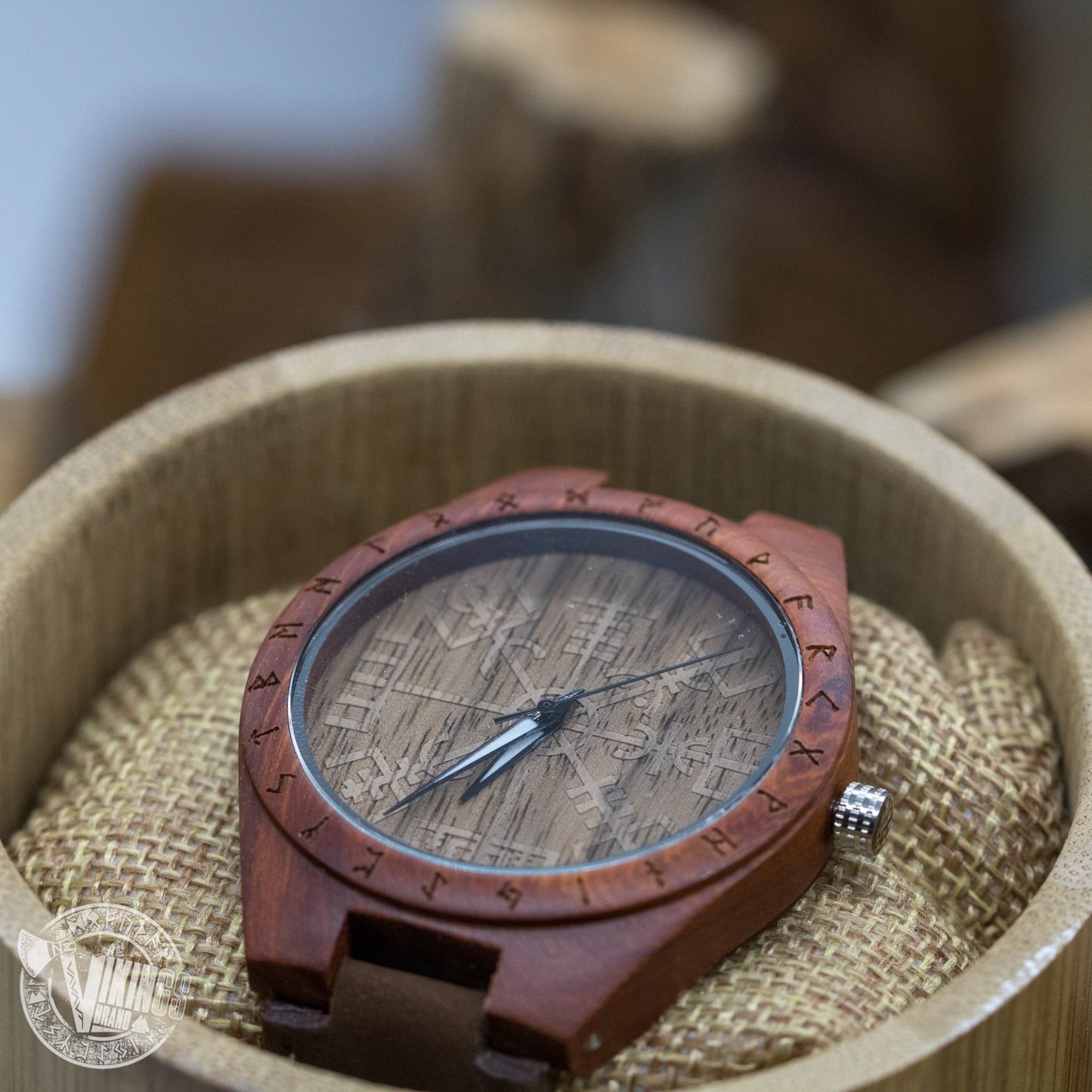 SALE! Inge Viking Wooden Runic Circle Watch with Helm of Awe Viking Symbol & Engraved Saying on the Back - VikingsBrand