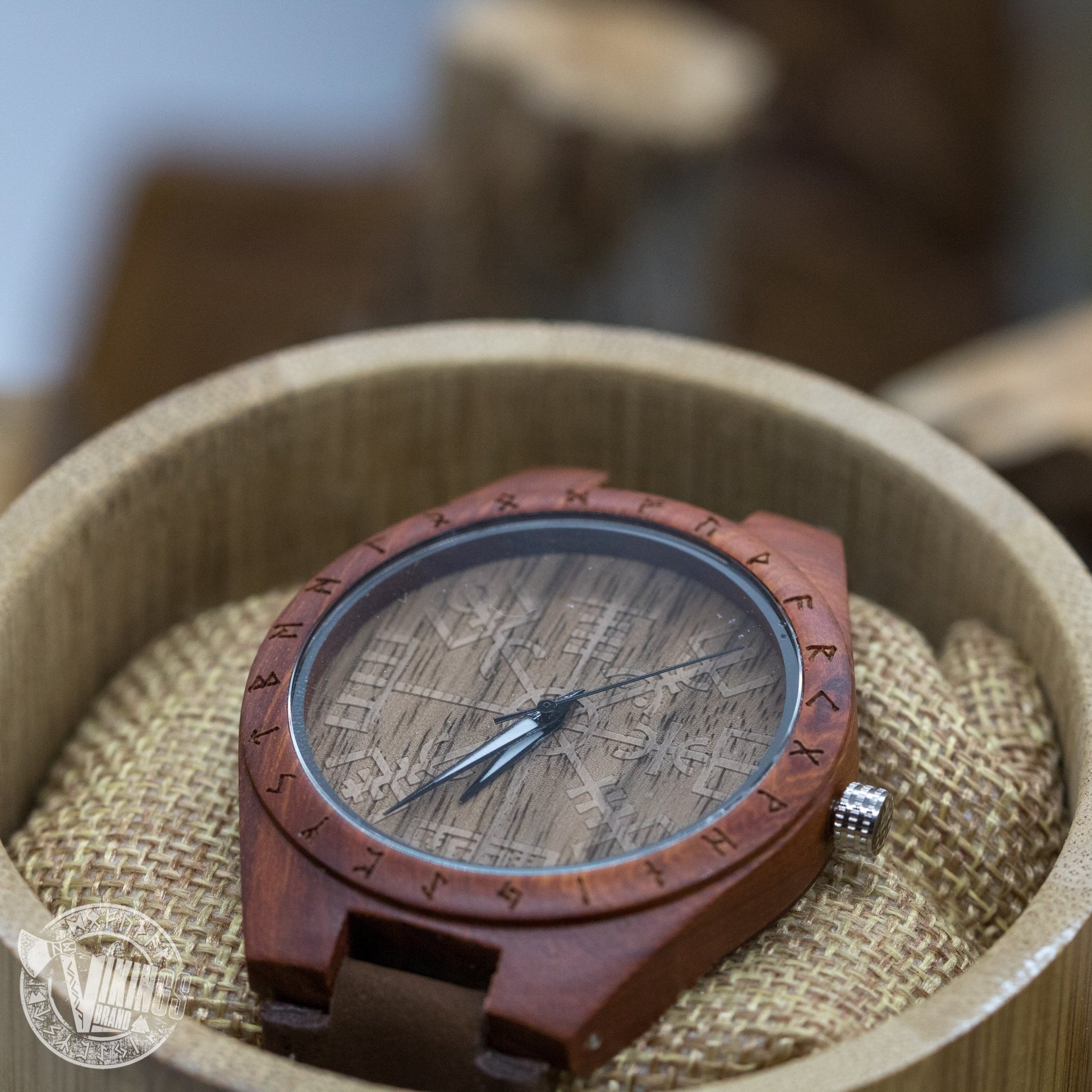SALE! Inge Viking Wooden Runic Circle Watch with Helm of Awe Viking Symbol & Engraved Saying on the Back - VikingsBrand