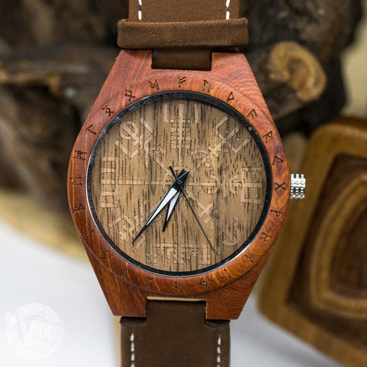 SALE! Inge Viking Wooden Runic Circle Watch with Helm of Awe Viking Symbol & Engraved Saying on the Back - VikingsBrand