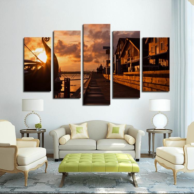 Seafront on the sunset with Viking ship 5 Panels Canvas Print - VikingsBrand