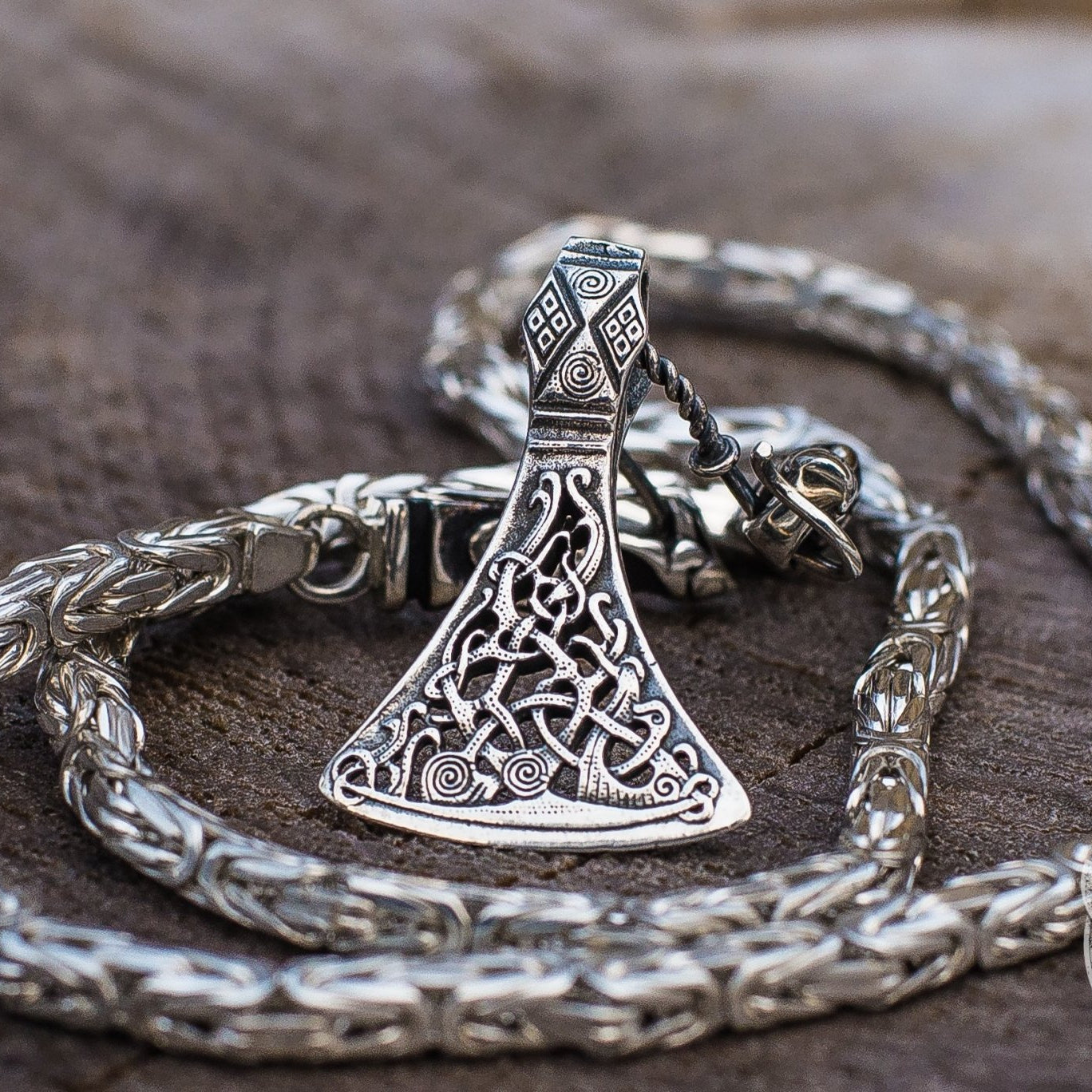 Set of Viking Chain with Wolf Tips and Viking Axe Pendant 925 Sterling Silver - VikingsBrand