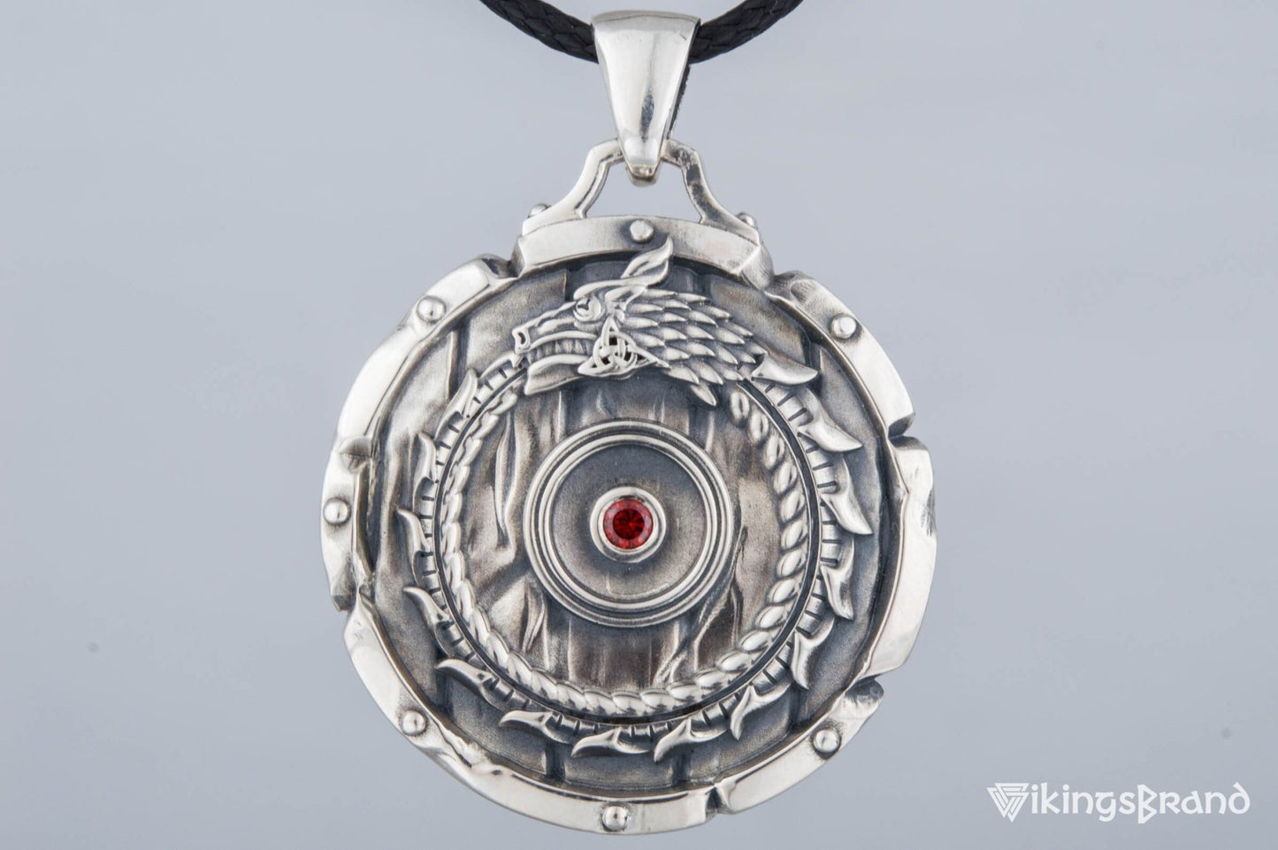 Shield with Vikings Ouroboros Symbol Pendant and Gem Sterling Silver Norse Jewelry