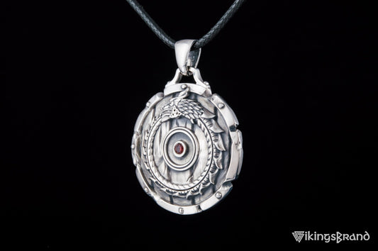 Viking Shield Pendant with Ouroboros and Gem – Sterling Silver