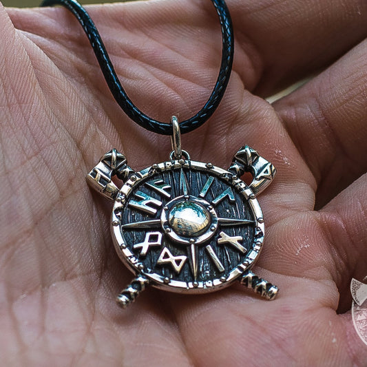 Small Viking Shield with Axes and Runes 925 Sterling Silver Pendant - VikingsBrand