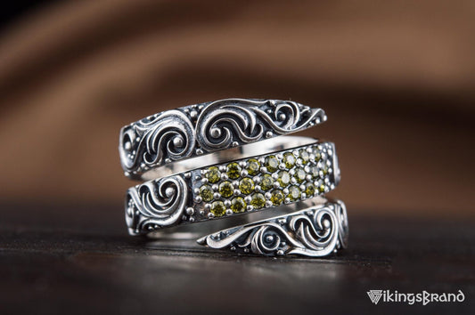 Snake Ring with Ornament & Gems – 925 Sterling Silver