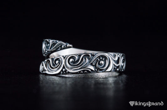 Snake Viking Style Ring with Ornament Sterling Silver Norse Jewelry