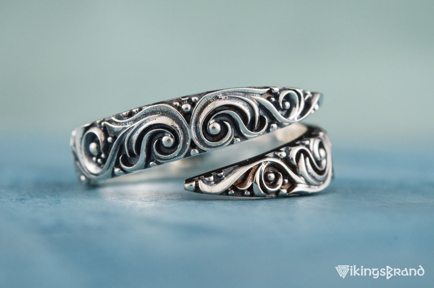 Snake Viking Style Ring with Ornament Sterling Silver Norse Jewelry