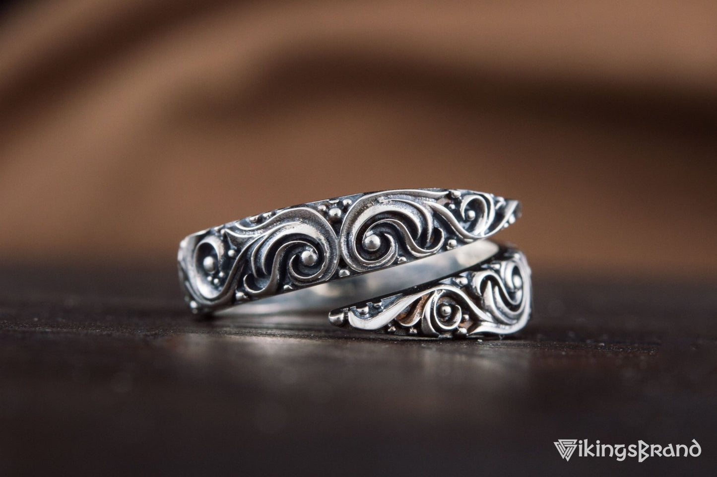 Snake Viking Style Ring with Ornament Sterling Silver Norse Jewelry