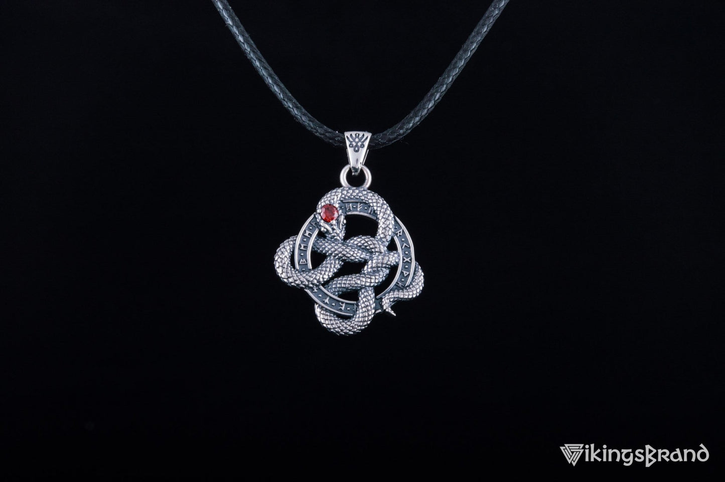 Snake Vikings Pendant with Runes and Red Cubic Zirconia Sterling Silver Norse Jewelry