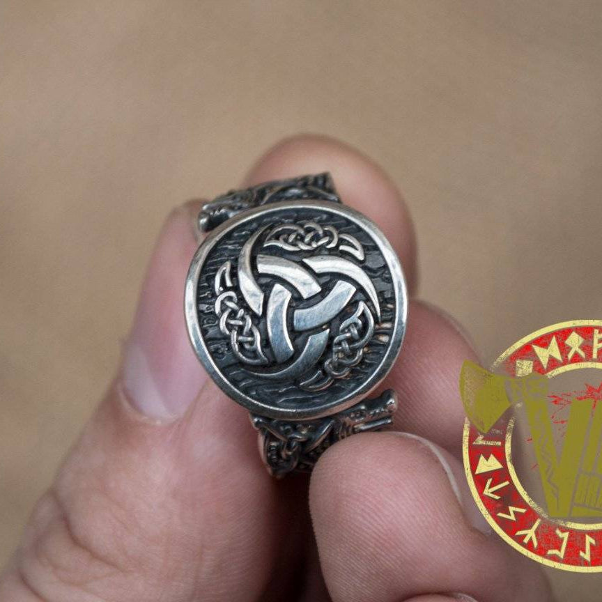 Sterling Silver Ring with Odin Horn Symbol with Norse Ornament - VikingsBrand