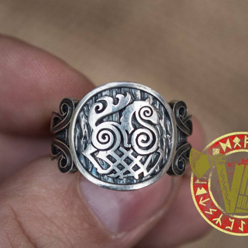 Sterling Silver Ring with Sleipnir Symbol and Norse Ornament - VikingsBrand