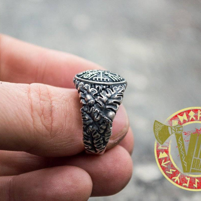 Sterling Silver Ring with Vegvisir Symbol and Oak Leaves - VikingsBrand