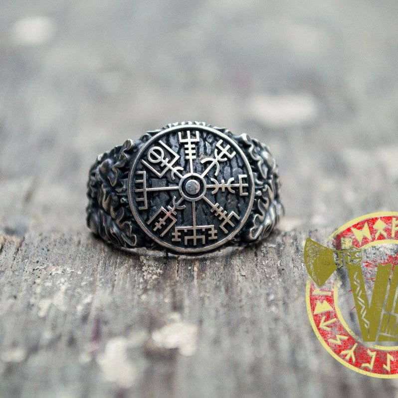 Sterling Silver Ring with Vegvisir Symbol and Oak Leaves - VikingsBrand