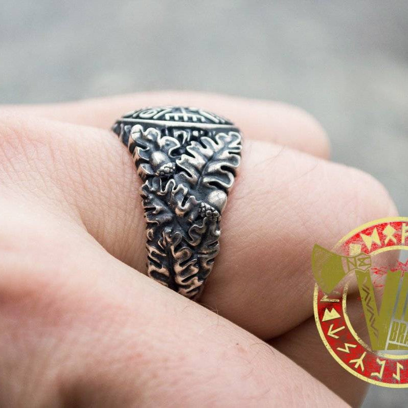 Sterling Silver Ring with Vegvisir Symbol and Oak Leaves - VikingsBrand