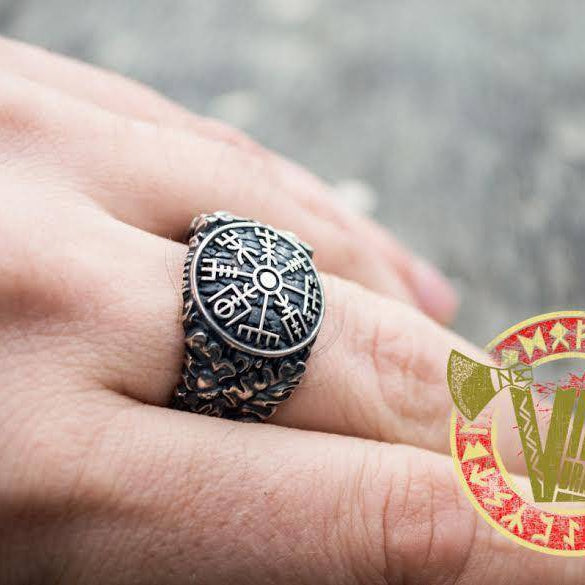 Sterling Silver Ring with Vegvisir Symbol and Oak Leaves - VikingsBrand