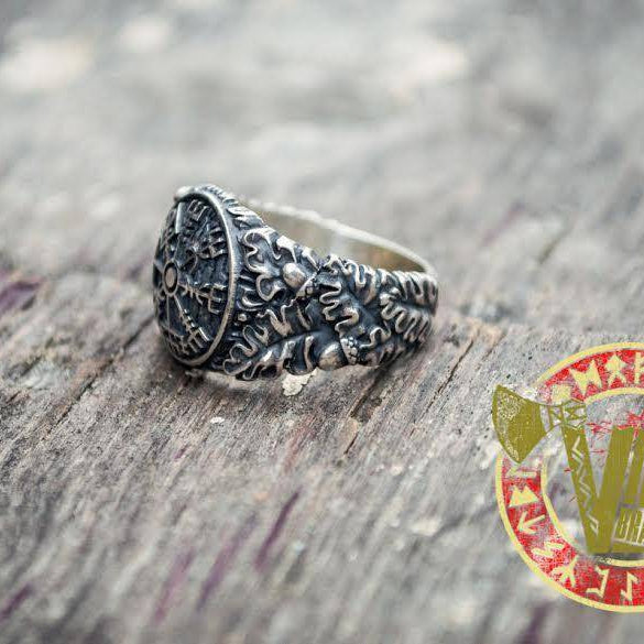 Sterling Silver Ring with Vegvisir Symbol and Oak Leaves - VikingsBrand