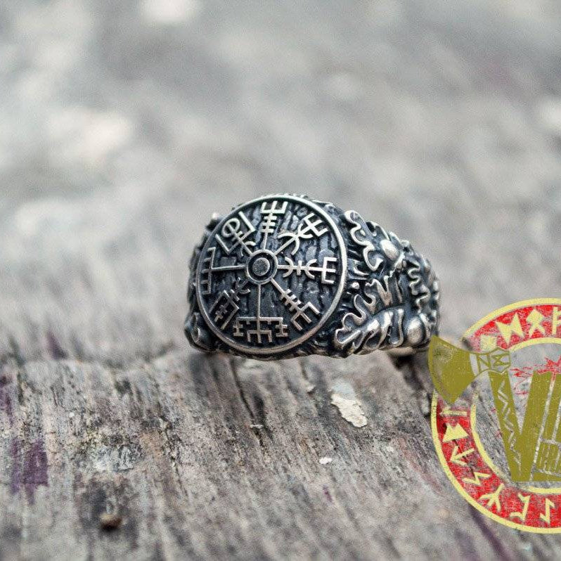 Sterling Silver Ring with Vegvisir Symbol and Oak Leaves - VikingsBrand