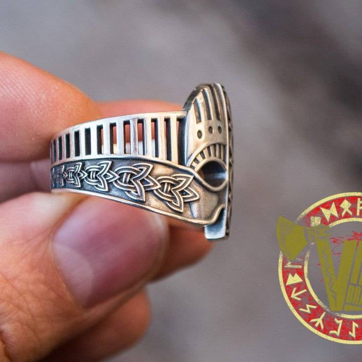 Sterling Silver Ring with Viking Helmet and Norse Ornament - VikingsBrand