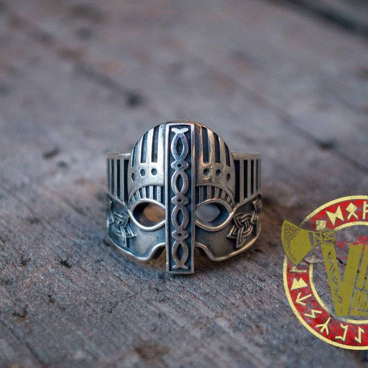 Sterling Silver Ring with Viking Helmet and Norse Ornament - VikingsBrand