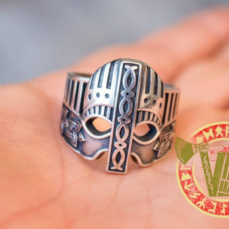 Sterling Silver Ring with Viking Helmet and Norse Ornament - VikingsBrand