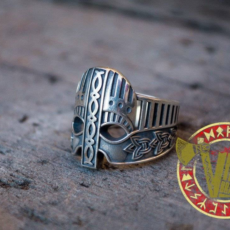 Sterling Silver Ring with Viking Helmet and Norse Ornament - VikingsBrand
