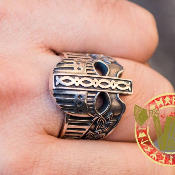 Sterling Silver Ring with Viking Helmet and Norse Ornament - VikingsBrand