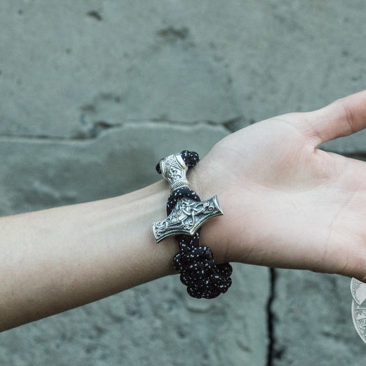 925 sterling silver Thor's Hammer bracelet, black paracord – view 2