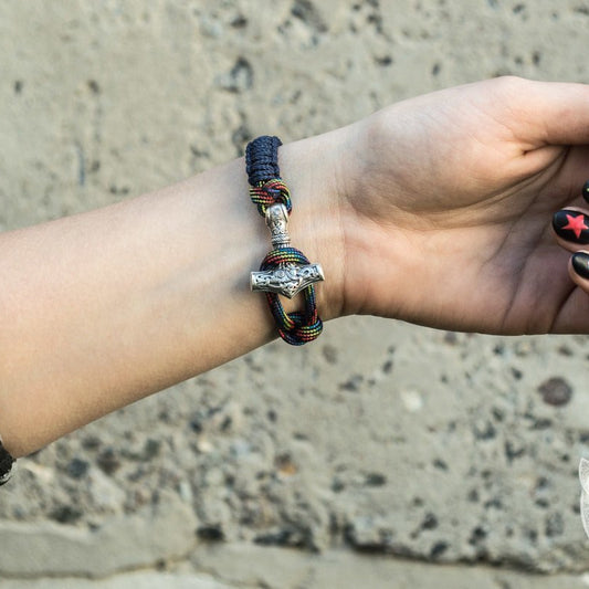 925 sterling silver Thor's Hammer bracelet, blue and multicolor paracord – view 2