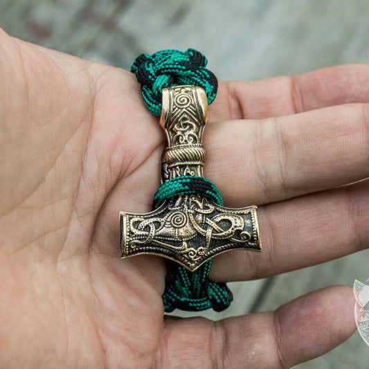 bronze Thor's Hammer bracelet, green paracord – view 2