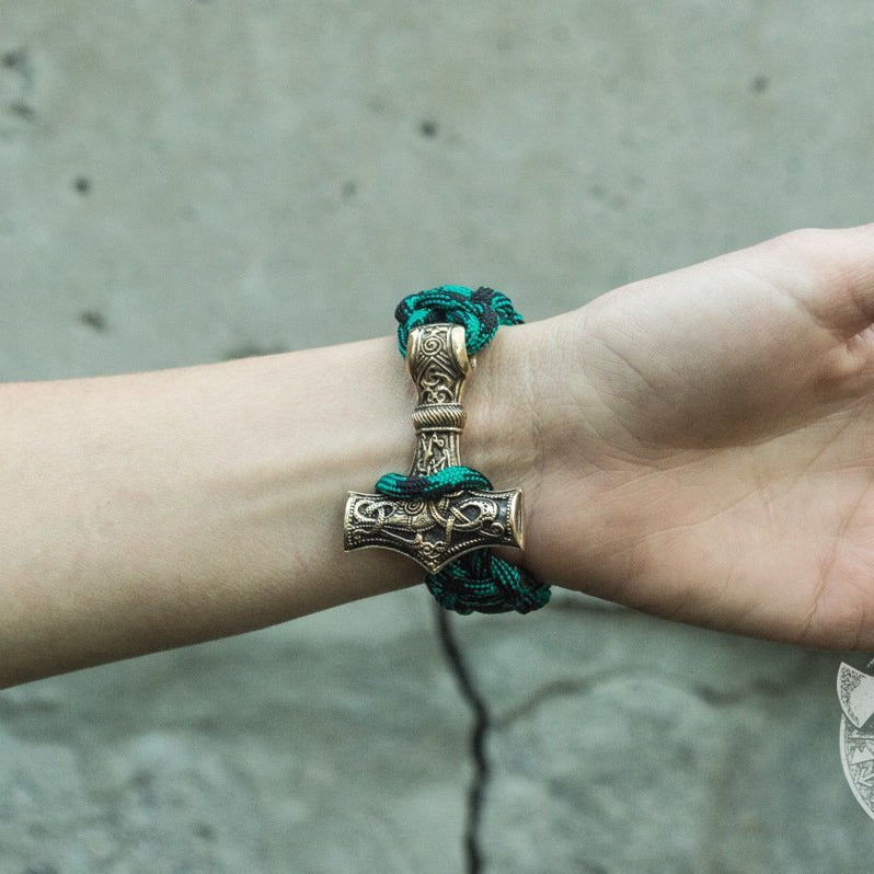 Thors Hammer Green Paracord Bronze Bracelet - VikingsBrand