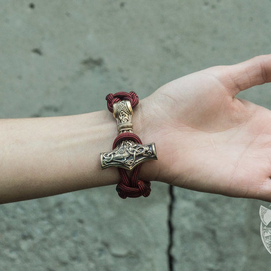 Viking paracord bracelet with bronze Thor's Hammer, red – view 2