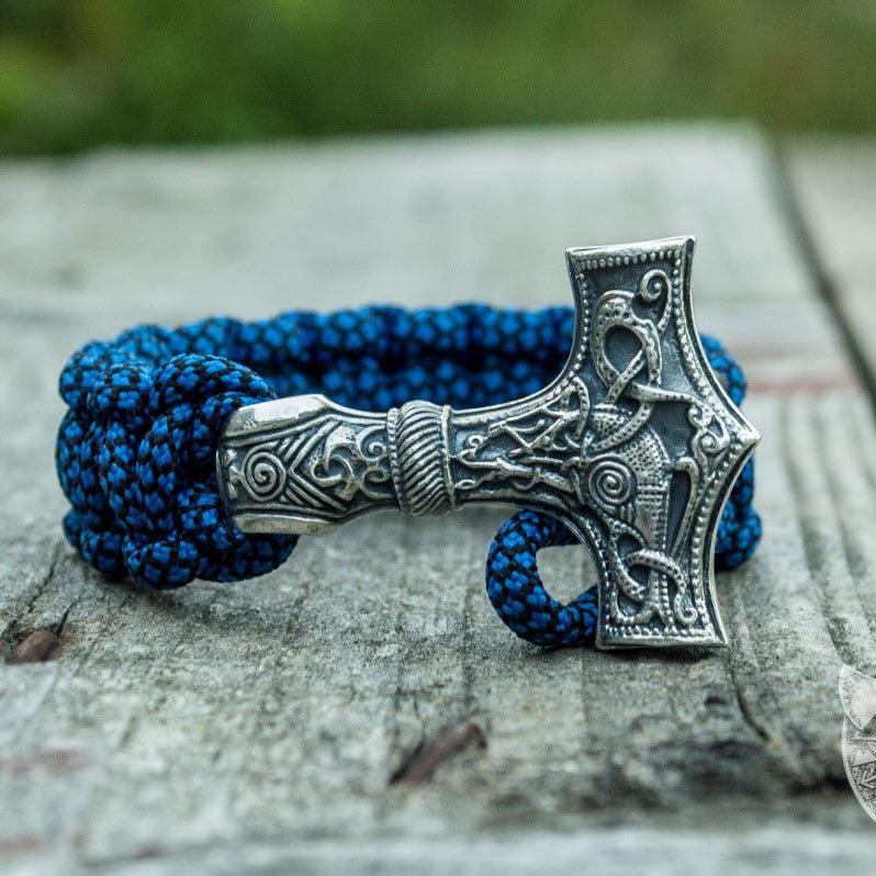 Thors Hammer with Blue Paracord 925 Sterling Silver Bracelet - VikingsBrand