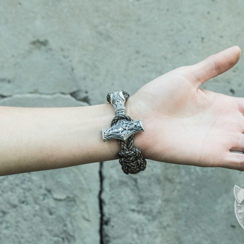 Thors Hammer with Olive Paracord 925 Sterling Silver Bracelet - VikingsBrand