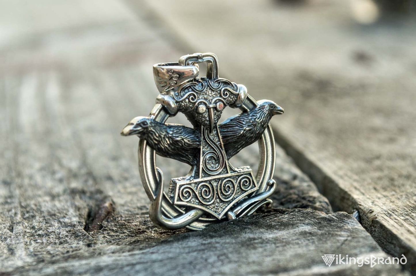 Thors Hammer with Ravens Vikings Pendant Sterling Silver Handcrafted Jewelry