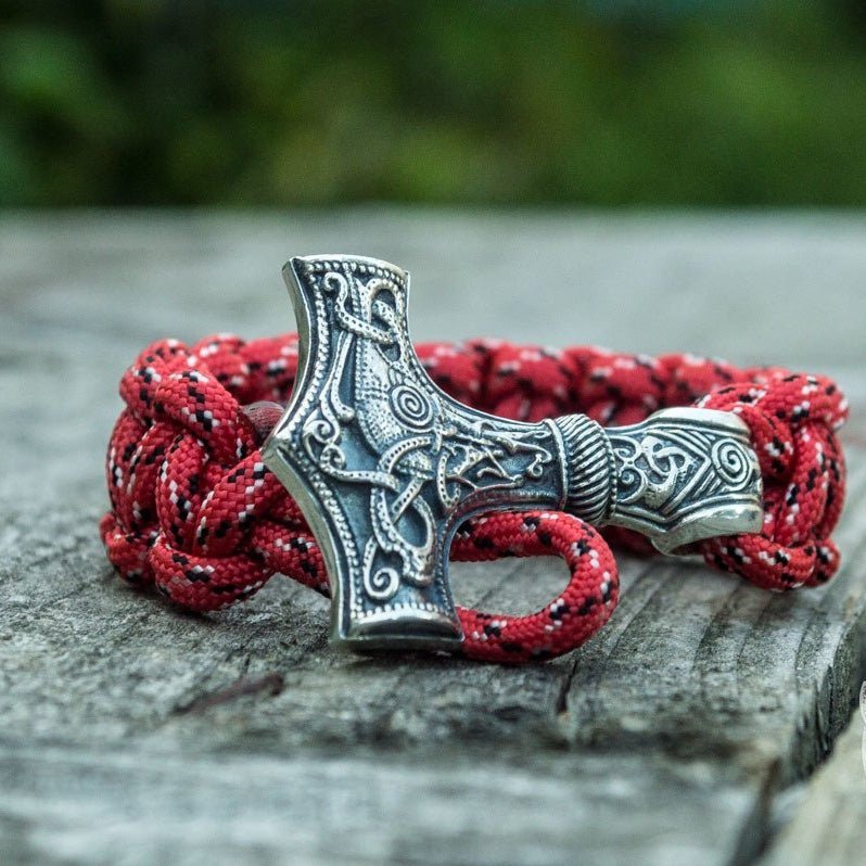 Thors Hammer with Red Paracord 925 Sterling Silver Bracelet - VikingsBrand
