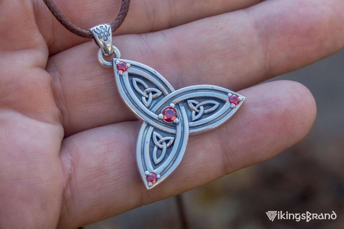 Triquetra Viking Symbol Pendant with Red Cubic Zirconia Sterling Silver Celtic Jewelry