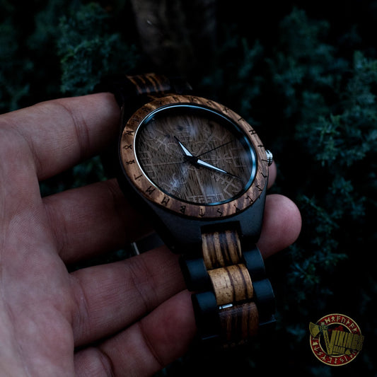 Ulf Viking Wooden Watch with Vegvisir Viking Symbol & Engraved Honor the Gods, Love Your Woman, Defend Your Kin Saying - VikingsBrand