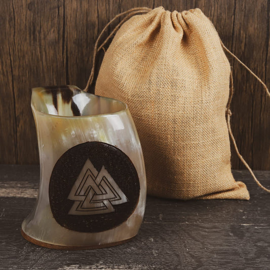Valknut Drinking Horn Mug 6.5in – Natural Ox Horn (US Shipping Only)